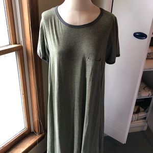 Carly medium dress. Heather green & blue trim.